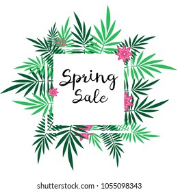 spring summer floral flower sale banner with green leaves pink flowers and hand drawn lettering text