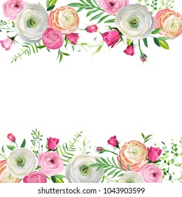 Spring and Summer Floral Frame for Holidays Decoration. Wedding Invitation, Greeting Card Template with Blooming Pink Flowers. Vector illustration