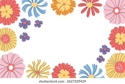 Spring and summer floral frame with place for text and transparent background. Retro groovy flowers. Botanical modern border. Great for cards, banners, flyers, birthday, mom's day greetings. Vector.