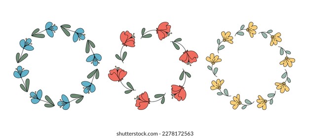 Spring Summer Floral Frames. Cute Round Flower Borders. Collection of Cartoon Summer Wreathes.