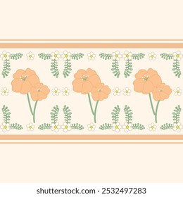 Spring and Summer Floral Frames Seamless Pattern Vector. Blunt Orange Color, Green, White Border Decoration for Invitation, Cover, Cards, Diary, Prints, Fabric, Autumn, Warm Breeze, Adorable, Classic