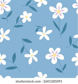 Spring summer floral pattern with daisies on a blue background. Seamless texture