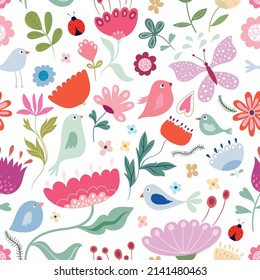 Spring and summer floral seamless pattern, wallpaper, background with seasonal design, flowers, butterflies and birds