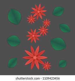 spring or summer floral wallpaper. paper flowers and leaves on grey background. plant elements for gift or present cards templates.