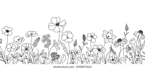 Spring and summer flower pattern seamless background vector. Hand drawn botanical floral line art, daisy, wildflower, eucalyptus leaves. Design for wallpaper, banner, print, website.