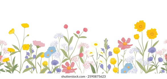 Spring and summer flower pattern seamless background vector. Hand drawn botanical floral, daisy, wildflower, eucalyptus leaves. Design for wallpaper, banner, print, website.