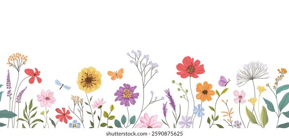 Spring and summer flower pattern seamless background vector. Hand drawn botanical floral, daisy, wildflower, eucalyptus leaves, butterfly. Design for wallpaper, banner, print, website.