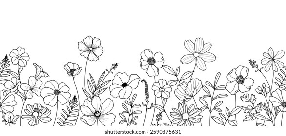 Spring and summer flower pattern seamless background vector. Hand drawn botanical floral line art, daisy, wildflower, eucalyptus leaves. Design for wallpaper, banner, print, website.