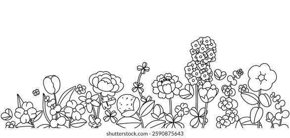 Spring and summer flower pattern seamless background vector. Hand drawn botanical floral line art, daisy, wildflower, eucalyptus leaves. Design for wallpaper, banner, print, website.