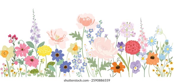 Spring and summer flower pattern seamless background vector. Hand drawn botanical floral, daisy, wildflower, eucalyptus leaves. Design for wallpaper, banner, print, website.