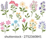 Spring and summer flower vector set in colorful hand-drawn doodle style. Wildflowers, leaves, and branches. Floral elements for prints, stickers, cards, patterns, packaging, and decoration