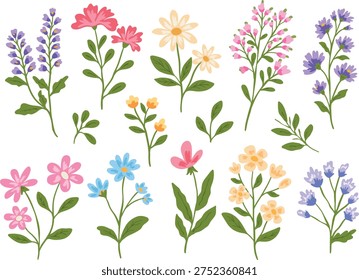 Spring and summer flower vector set in colorful hand-drawn doodle style. Wildflowers, leaves, and branches. Floral elements for prints, stickers, cards, patterns, packaging, and decoration