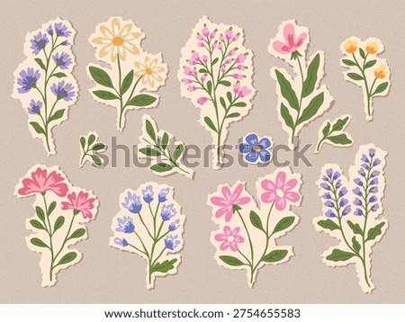 Spring and summer flower vector set in vintage paper collage style. Hand-drawn doodle wildflowers, leaves and branches for cards, prints, patterns, stickers and packaging