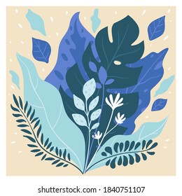 Spring or summer flowering, shrubs with flowers and wide leaves. Foliage and flourishing plants, botanic diversity of season. Ornamental bouquet composition with herbs and twigs, vector in flat style