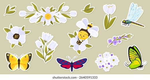 Spring and summer flowers with bees, butterflies, dragonflies, quotes and lettering. Flat icon set. Vector illustration collection for stickers, website, banner, print, landing page