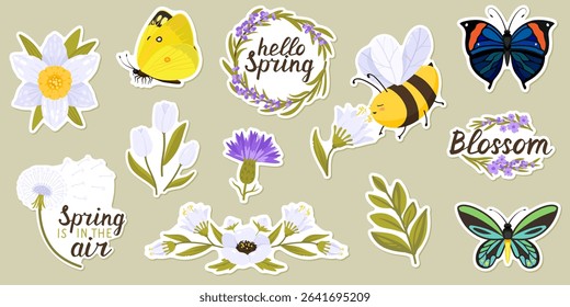 Spring and summer flowers with bees, butterflies, dragonflies, quotes and lettering.  Flat icon set. Vector illustration collection for stickers, website, banner, print, landing page