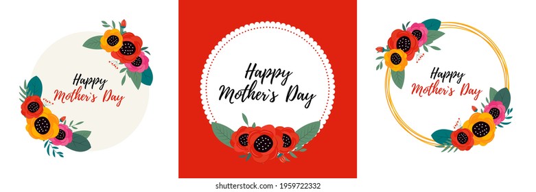 Spring and Summer flowers bright background. Happy Mother's Day poster set. Vector Illustration EPS10