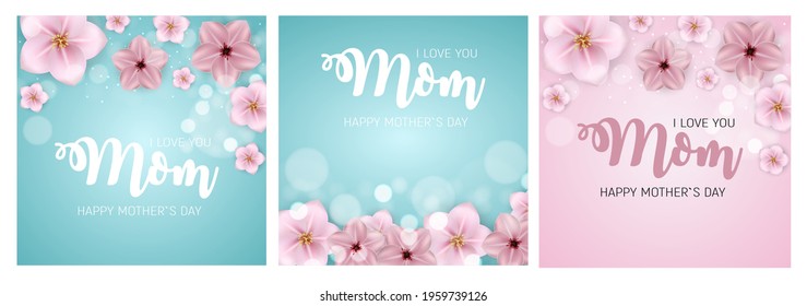 Spring and Summer flowers bright background. Happy Mother's Day poster set. Vector Illustration EPS10