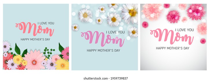 Spring and Summer flowers bright background. Happy Mother's Day poster set. Vector Illustration EPS10