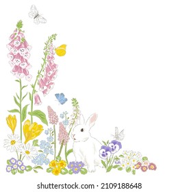 Spring summer flowers butterfly cute bunny hand drawn corner frame vector illustration isolated on white. Vintage Romantic floral arrangement for Birthday, Happy Easter card design.