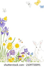 Spring summer flowers butterfly cute bunny hand drawn corner frame vector illustration isolated on white. Vintage Romantic floral arrangement for Happy Easter card design.