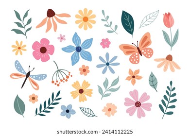 Spring and summer flowers, butterfly, dragonfly, leaves, plants. Vector doodle illustration