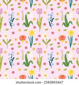 Spring or summer flowers cute seamless pattern in cartoon style. Daffodil, bells, snowdrops, daisy and cute flowers, spring time, cute repeat pattern, pink color