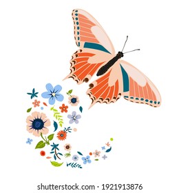 Spring and summer flowers falling from a flying butterfly. Colorful silhouettes on white background for wedding invitation, kids or Valentines greeting cards, Women's day banner. Vector illustration.