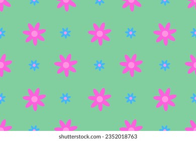 Spring and summer flowers field. Bright colors, colorful, pastel pink and blue chamomile and forget me not. Floral, botanical, festive. Trendy, stylish, fashionable, seamless vector pattern for design
