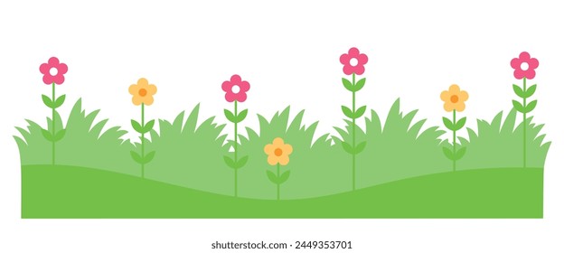 Primavera, verano flores hierba. Plantilla de Anuncio decorativa. Decoración floral para el Diseño web, estampados de niños. Fondo de Vector aislado.