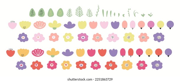 Spring, summer flowers, greenery, leaves, grass clipart collection, isolated on white. Hand drawn vector illustration. Floral elements set. Bouquet creator. Scandinavian style flat design.