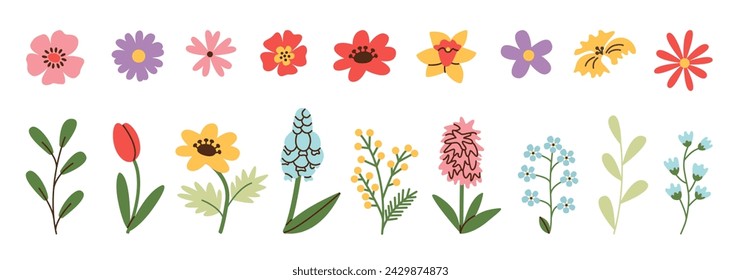 Spring and summer flowers set. Simple doodle flower plants isolated on white background.