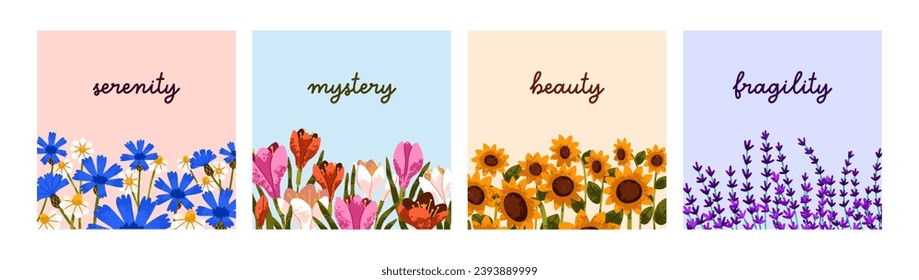 Flores primaverales y veraniegas, diseño cuadrado de tarjetas. Antecedentes florales, naturaleza floreciente en el jardín. Flores de campo y pradera, flores silvestres, lavanda suave, crocus, girasoles. Ilustraciones vectoriales planas