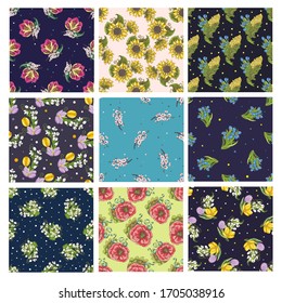 Spring and summer flowers - sunflowers, snowdrops, poppies, crocuses, bluebells, mimosas, tulips, cherry. Set of seamless patterns with hand drawn vector illustrations