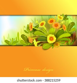 Spring summer flowers. Yellow orange floral background. Horizontal border frame with yellow primroses and green leaves. Forest or meadow sketch. Sunny amber watercolor background. Vector illustration.