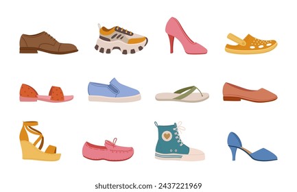 Spring summer footwear. Modern shoes, sneakers boots and sandals, male and female fashion shoes flat vector illustrations set. Casual seasonal footwear