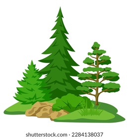 Spring or summer forest. Background with stylized trees. Seasonal illustration.