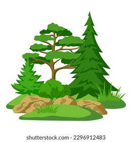 Spring or summer forest. Background with stylized trees. Seasonal illustration.