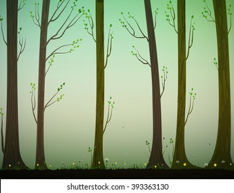 spring or summer forest with dandelion, nature background, vector