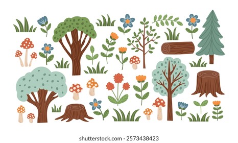 Spring summer forest elements set. Trees, bushes, stumps, flowers, leaves, grass and mushrooms. Botanical elements collection. Vector illustration. 