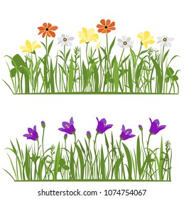 Spring and summer forest and garden flowers isolated on white vector set. Illustration of the nature of the flower and grass in spring and summer in the garden, lily, bell, daisy