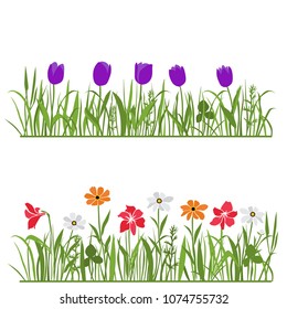 Spring and summer forest and garden flowers isolated on white vector set. Illustration of the nature of the flower and grass in spring and summer in the garden, tulip, daisy