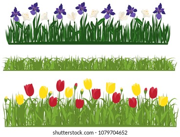 Spring and summer forest and garden flowers isolated on white Vector illustration of the nature of the flower and grass in spring and summer in the garden, tulip, iris, bell