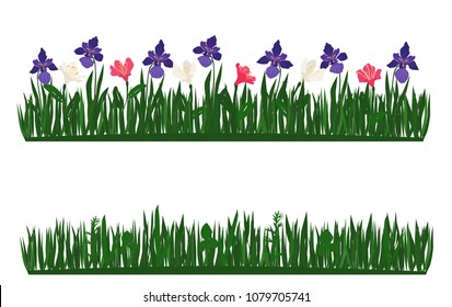 Spring and summer forest and garden flowers isolated on white Vector illustration of the nature of the flower and grass in spring and summer in the garden, Lily, iris, bell
