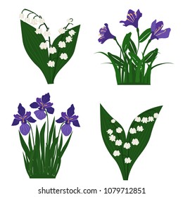 Spring and summer forest and garden flowers isolated on white Vector illustration of the nature of the flower and grass in spring and summer in the garden, Lily of the valley, iris, bell
