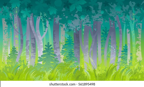 Spring summer forest landscape background. Nature - tree, bush, grass, plant, leaves. Green springtime natural pattern. Grunge vector illustration. Summertime Abstract design template poster, banner