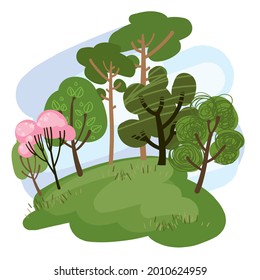 Spring or Summer forest landscape. Cartoon forest illustration.