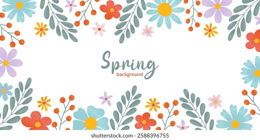 Spring or summer frame decorated hand drawn flowers, leafy greenery, berries with grainy textures. Perfect for seasonal branding, nature inspire wall art, banner, poster, social media.