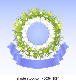 Spring summer frame with grass flowers and ribbon for congratulation or   invitation