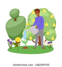 Spring and summer garden with gardener watering blooming trees, grass and flowers cartoon vector illustration. Spring garden composition isolated on white.